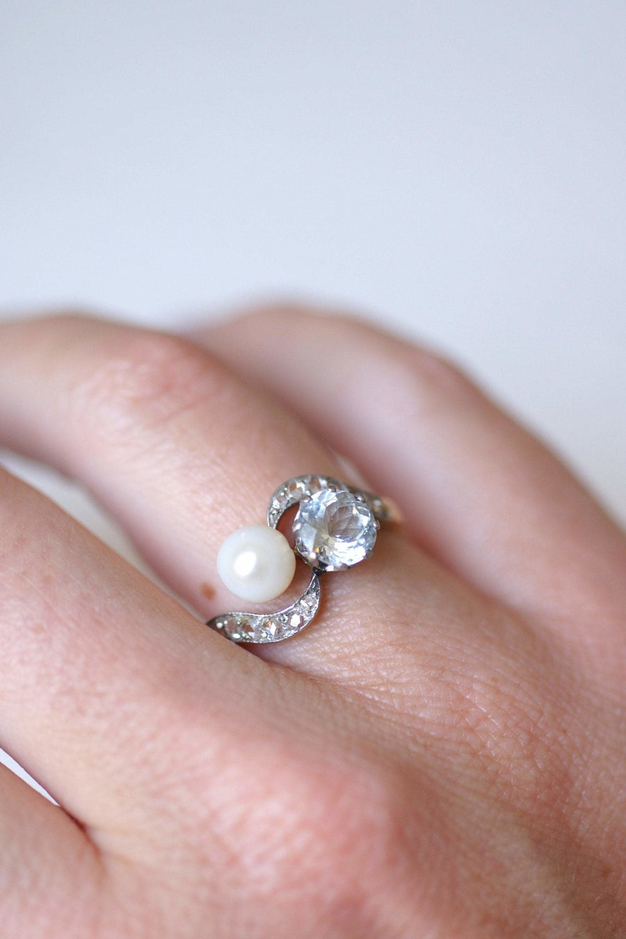 Bague toi et moi ancienne aigue-marine, perle, diamants - Galerie Pénélope