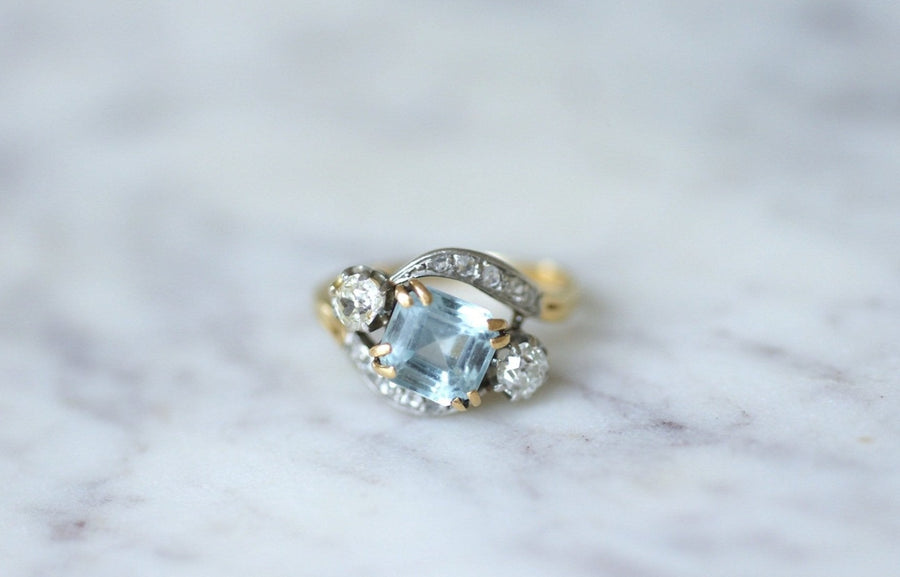 Bague Toi & Moi diamants et aigue marine - Galerie Pénélope