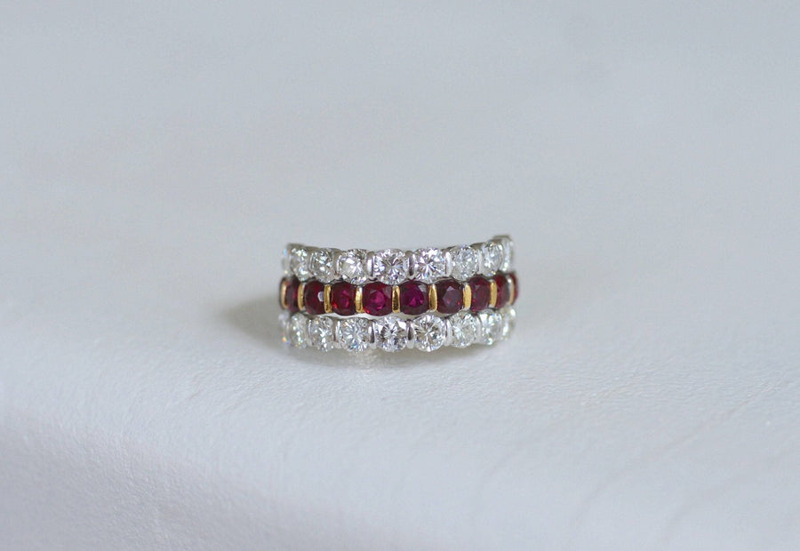 Bague triple anneau rubis et diamants - Galerie Pénélope