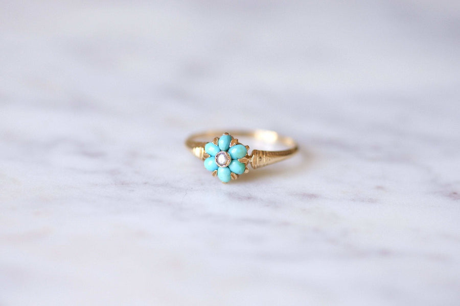 Bague Victorienne ancienne fleur turquoises et or - Galerie Pénélope