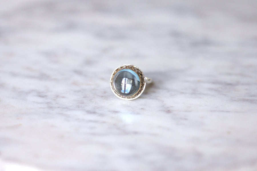 Bague vintage topaze bleue et diamants sur or et argent - Galerie Pénélope