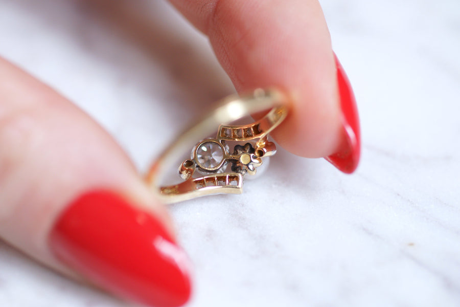 Bague toi et moi Belle Epoque perle, et diamants, sur or,  Circa 1900 - Galerie Pénélope