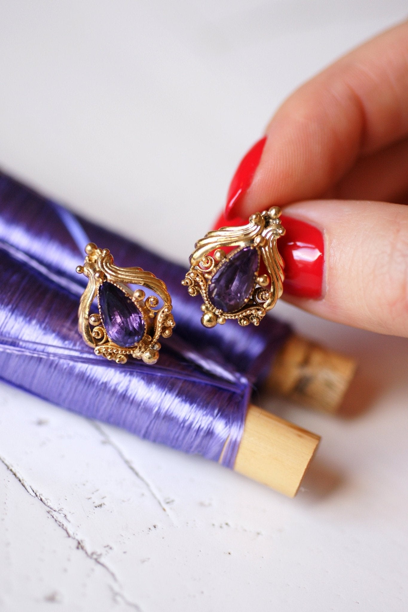 Magnifiques Boucles D'oreilles Anciennes En Or 18 Carats Avec Améthystes – Poinçon 750 – Pendantes Dormeuses