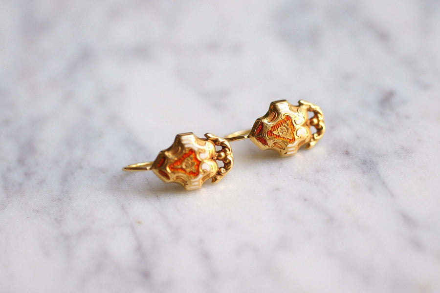 Boucles d'oreilles anciennes dormeuses fleurs en or et émail - Galerie Pénélope