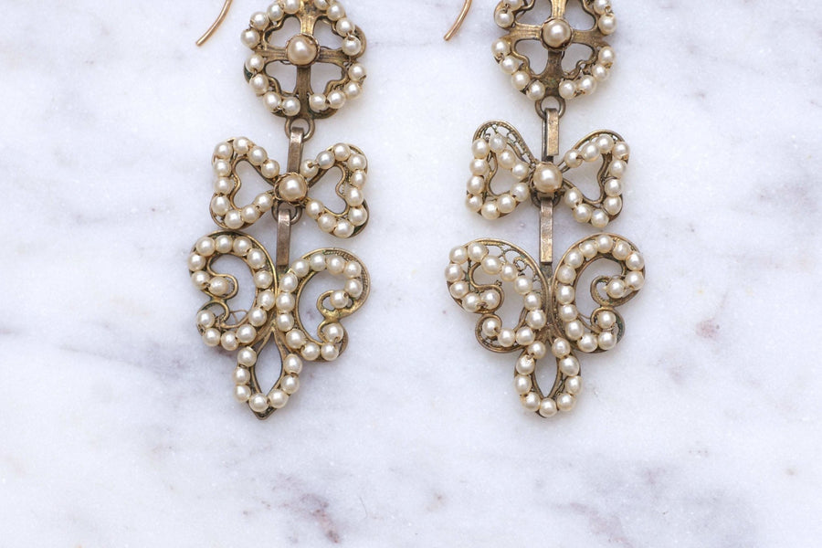 Boucles d'oreilles anciennes Italiennes or, argent et perles - Galerie Pénélope