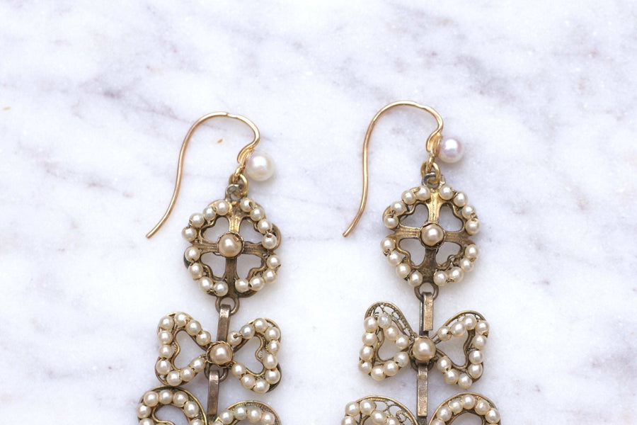 Boucles d'oreilles anciennes Italiennes or, argent et perles - Galerie Pénélope