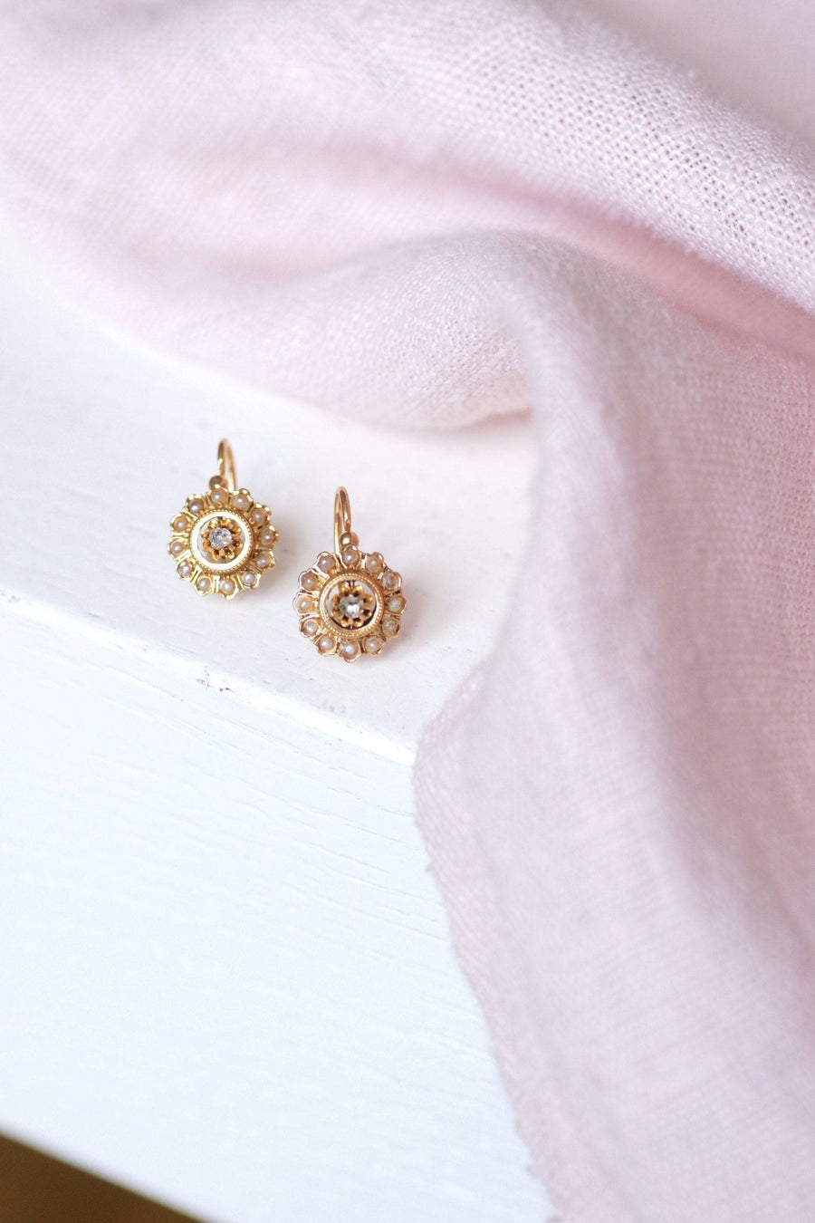 Boucles d'oreilles anciennes or rose diamant et perles - Galerie Pénélope