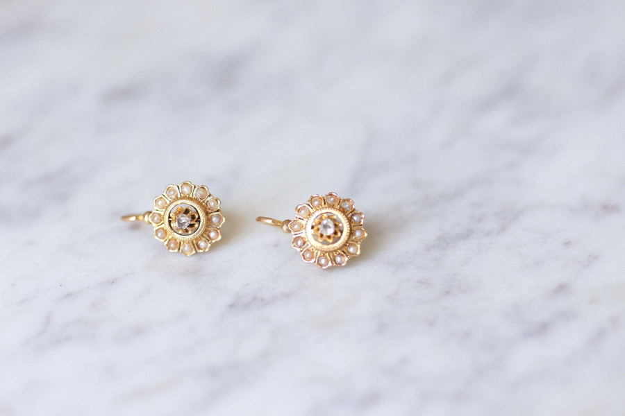 Boucles d'oreilles anciennes or rose diamant et perles - Galerie Pénélope
