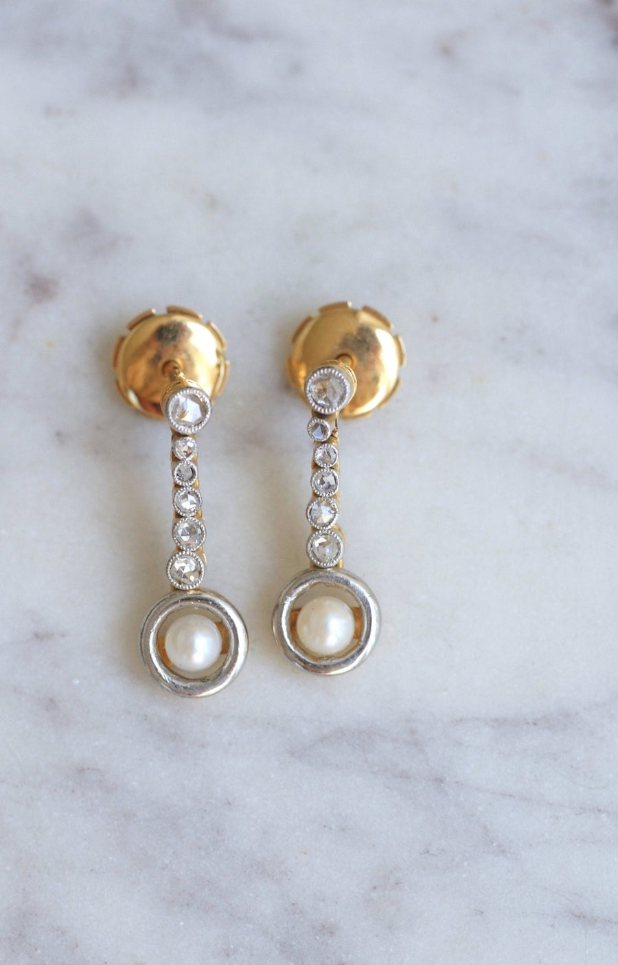 Boucles d'oreilles anciennes perles et diamants - Galerie Pénélope
