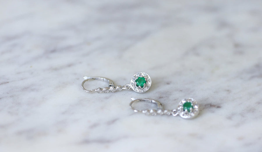 Boucles d'oreilles Art Deco diamants et émeraudes - Galerie Pénélope