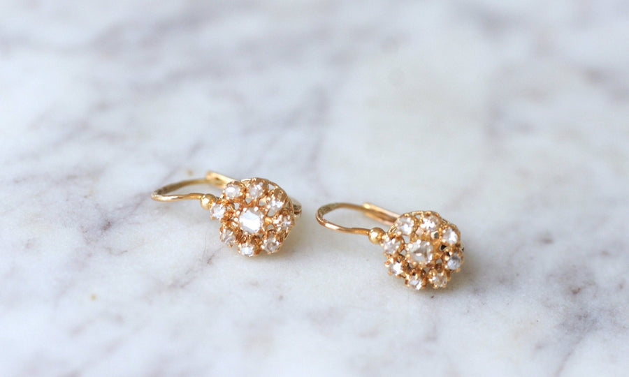 Boucles d'oreilles dormeuses anciennes or rose diamants - Galerie Pénélope