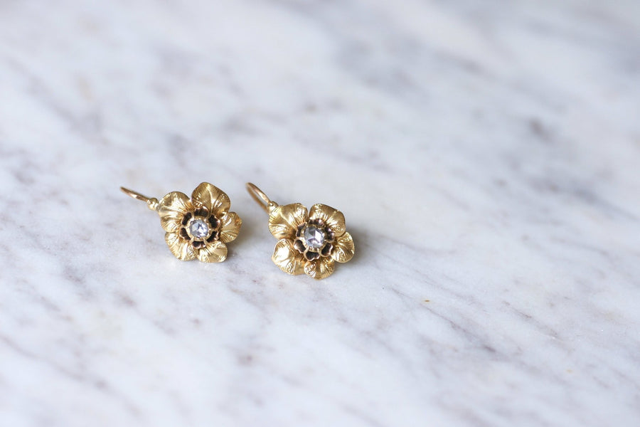 Boucles d'oreilles fleurs anciennes or et diamant - Galerie Pénélope