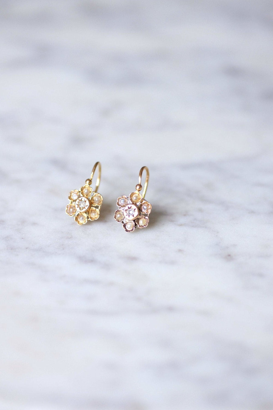 Boucles d'oreilles fleurs anciennes perles et diamant - Galerie Pénélope