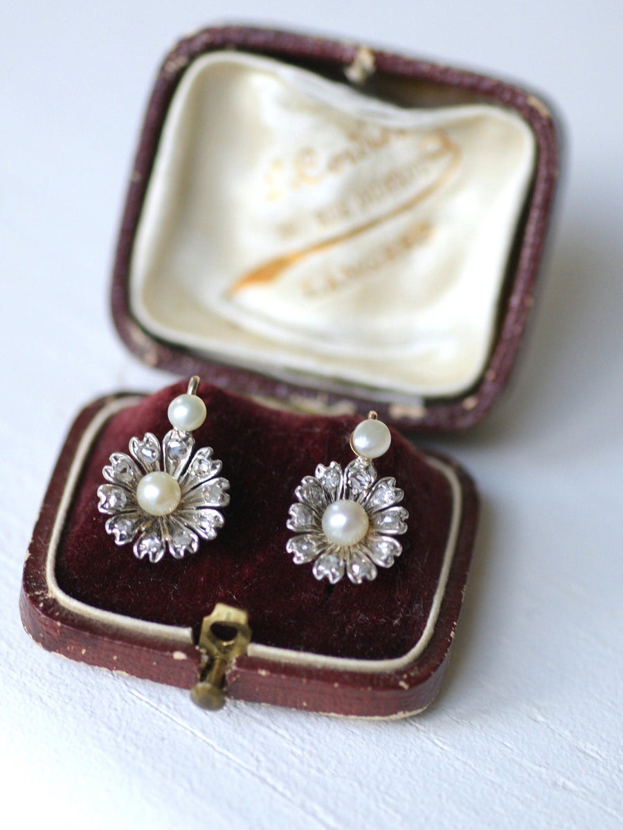 Boucles d'oreilles fleurs or, perles, diamants - Galerie Pénélope