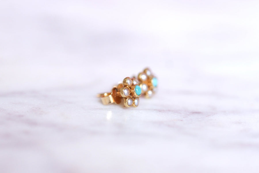 Boucles d'oreilles fleurs vintage en or, perles, et turquoises - Galerie Pénélope