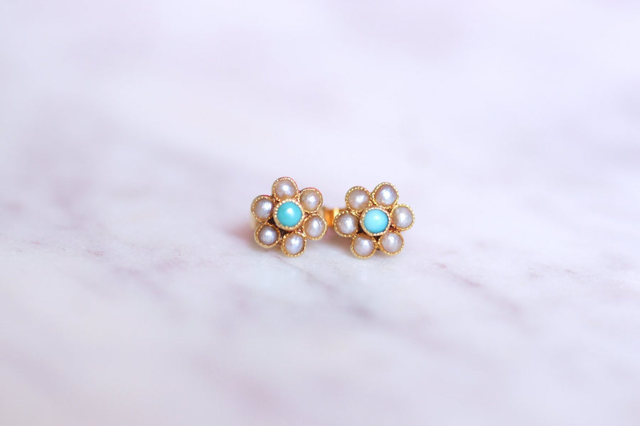 Boucles d'oreilles fleurs vintage en or, perles, et turquoises - Galerie Pénélope