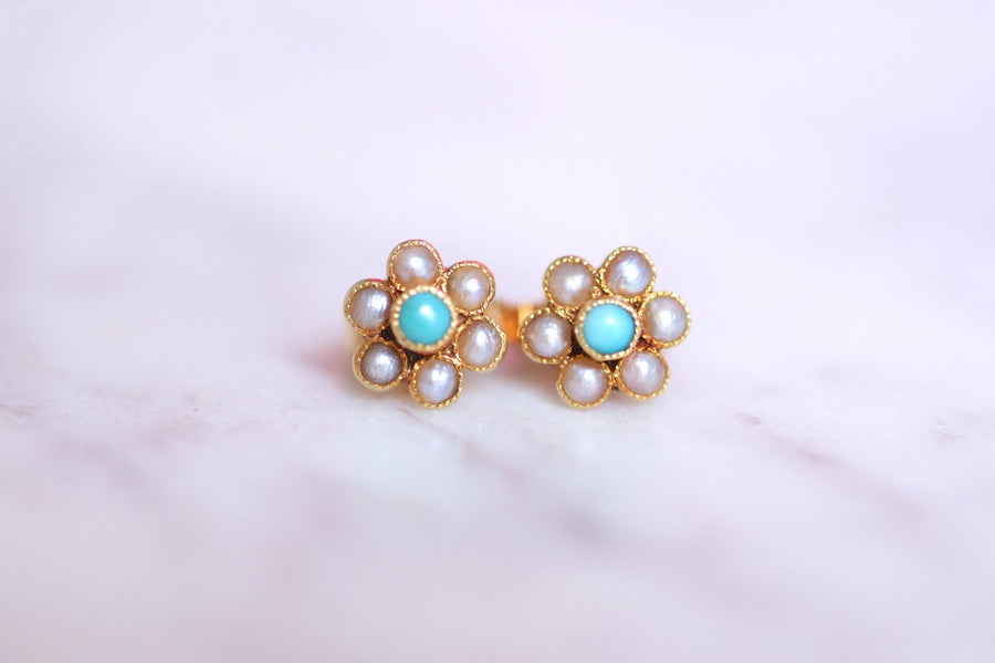 Boucles d'oreilles fleurs vintage en or, perles, et turquoises - Galerie Pénélope