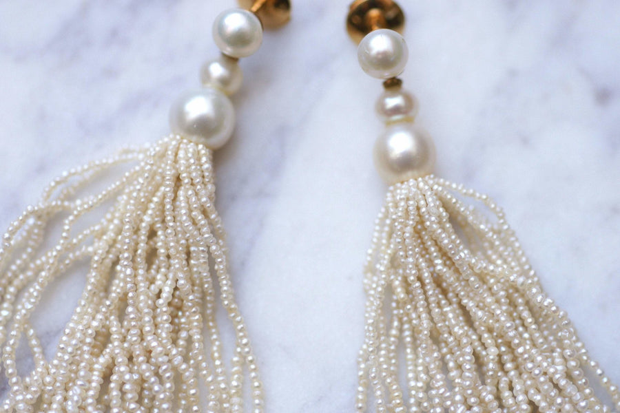 Boucles d'oreilles pompons perles fines et de culture sur or - Galerie Pénélope