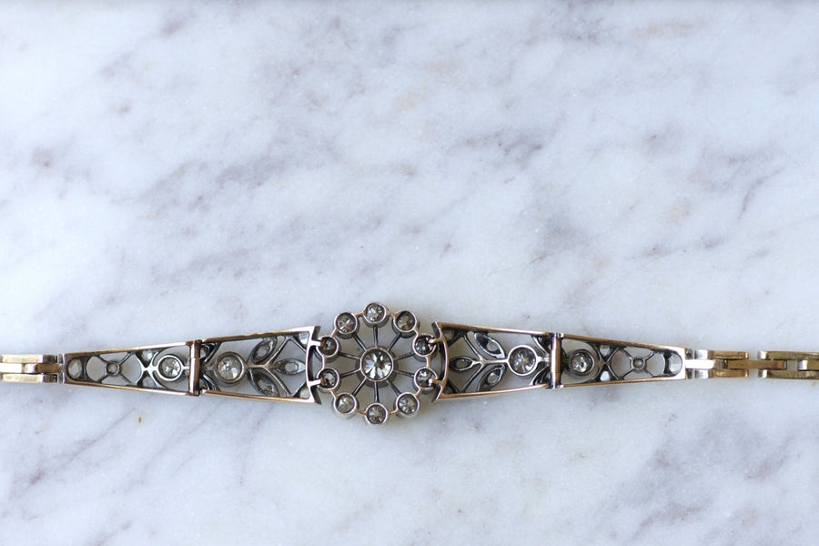 Bracelet ancien marguerite en or rose, argent et diamants - Galerie Pénélope