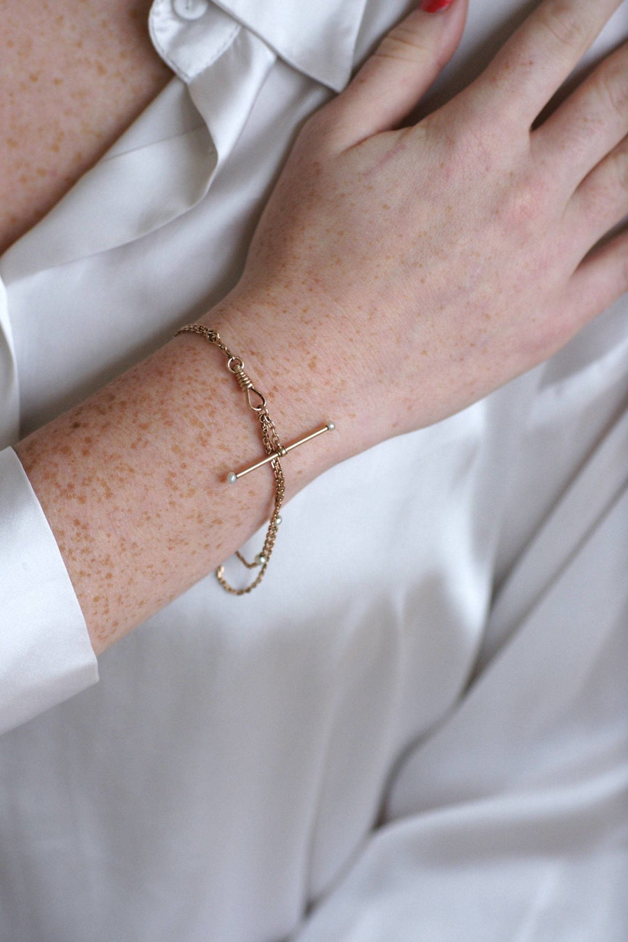 Bracelet, chaine de montre, or rose et perles - Galerie Pénélope