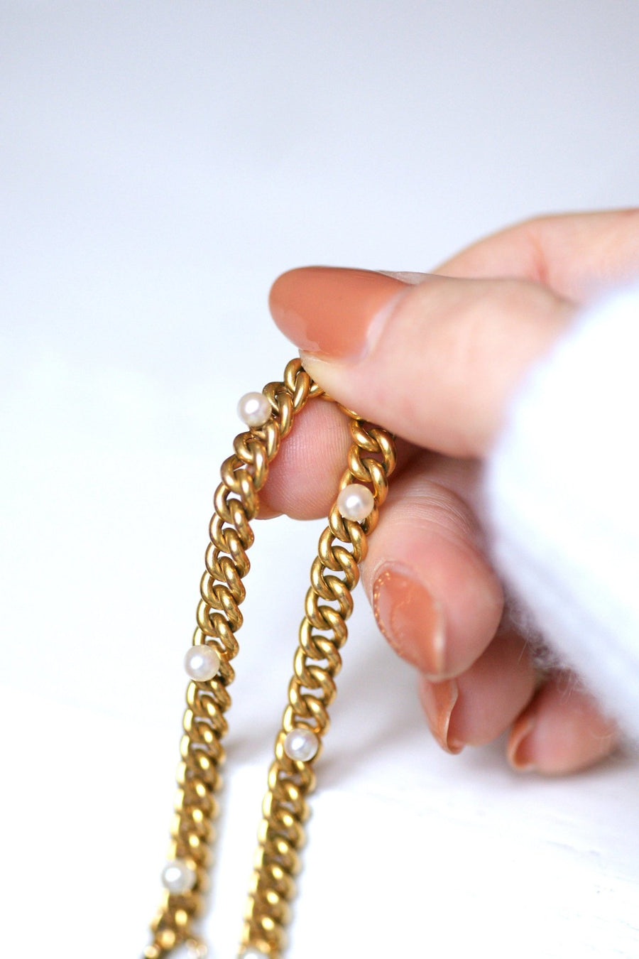 Bracelet gourmette ancien en or jaune et perles fines - Galerie Pénélope