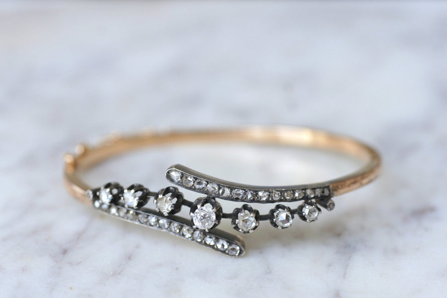 Bracelet jonc diamants sur or rose et argent - Galerie Pénélope
