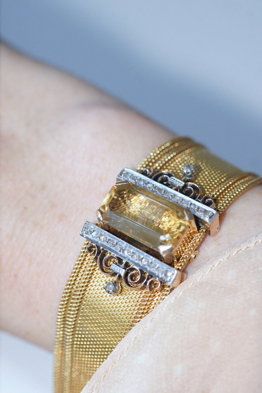Bracelet manchette maille milanaise, diamants et citrine - Galerie Pénélope