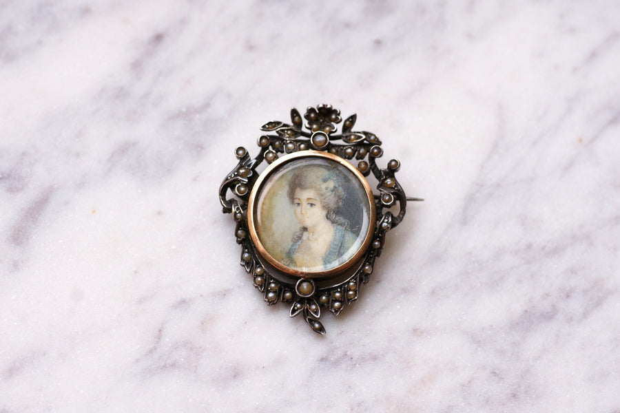 Broche ancienne Victorienne en or et argent avec miniature - Galerie Pénélope