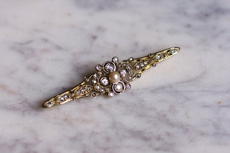 Broche Belle Epoque en or, platine, diamants, et perle - Galerie Pénélope