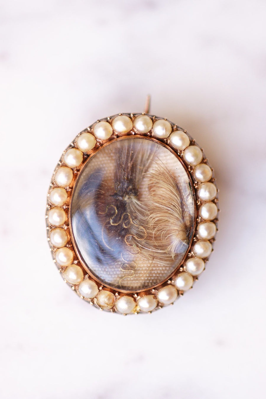 Broche sentimentale Victorienne or rose 9KT cheveux et perles fines - Galerie Pénélope