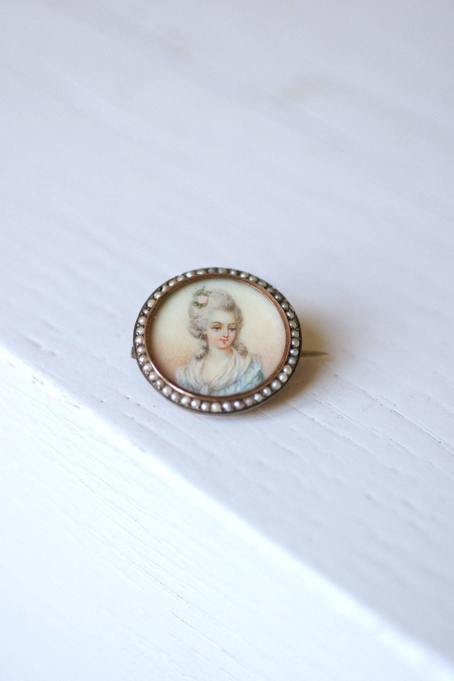 Broche Victorienne ancienne miniature entourage perles, vermeil - Galerie Pénélope