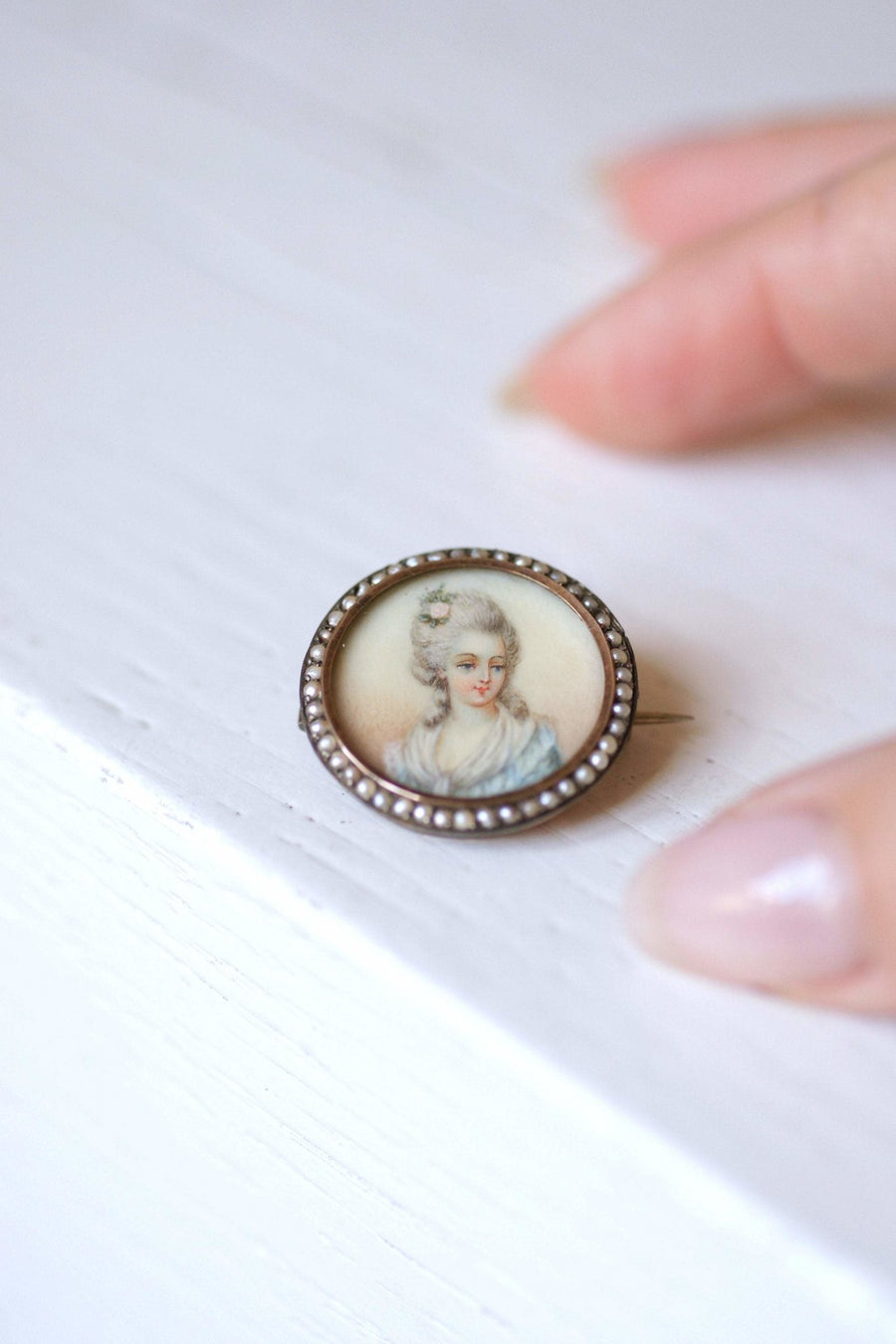 Broche Victorienne ancienne miniature entourage perles, vermeil - Galerie Pénélope