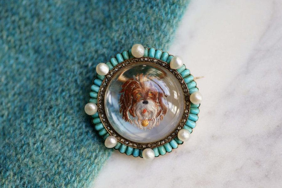 Broche Victorienne en or et fixé sous verre chien diamants turquoises et perles - Galerie Pénélope