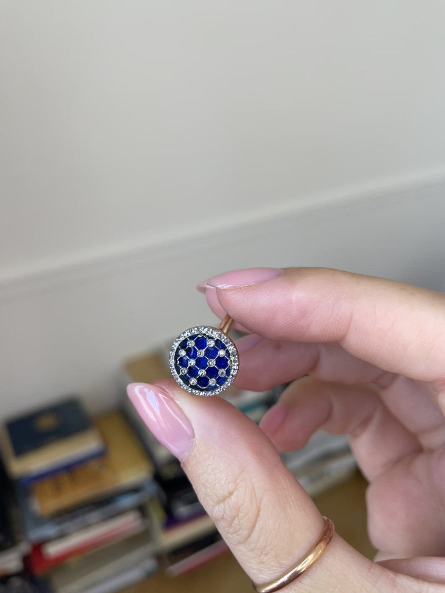 Bague damier, émail, et diamants