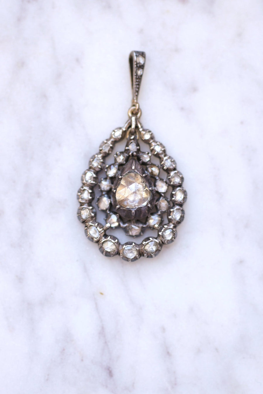 Collier pendentif goutte ancien argent, diamants taille rose - Galerie Pénélope