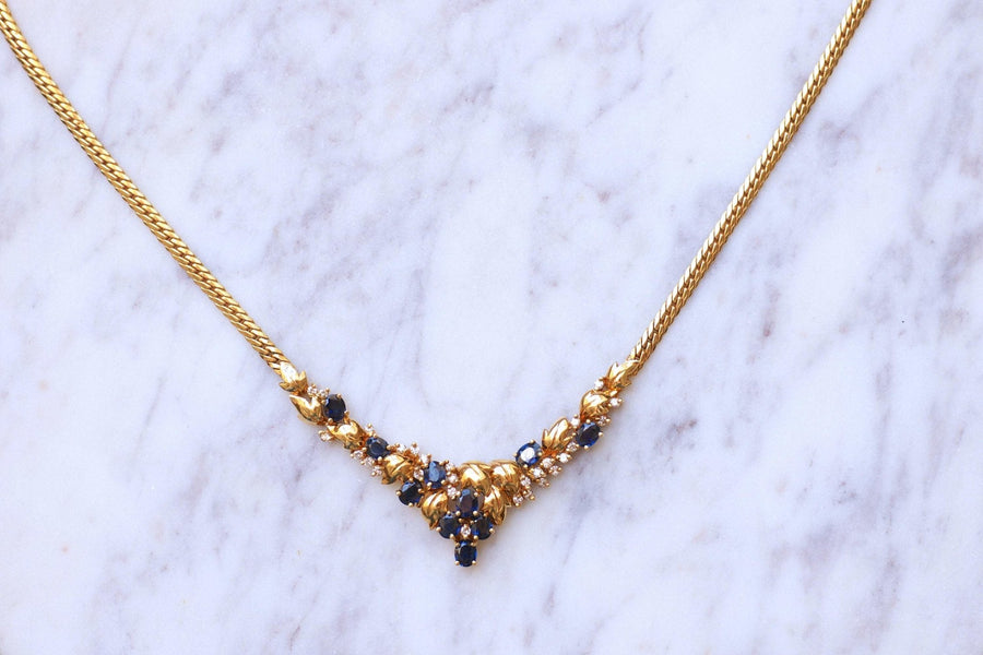 Collier Vintage en or jaune, saphirs 3.50Cts, et diamants - Galerie Pénélope