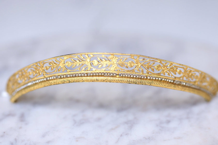 Diadème de mariage ancien, tiare, en métal doré et perles - Galerie Pénélope