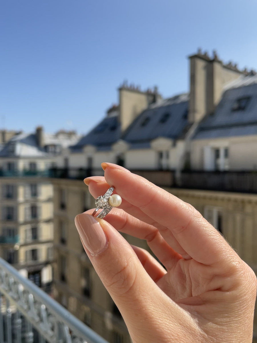 Bague toi et moi perle fine et diamants