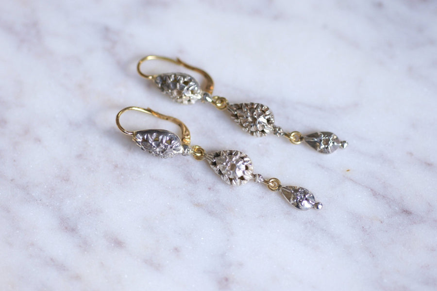 Longues boucles d'oreilles anciennes, or et diamants, XIXe Siècle - Galerie Pénélope