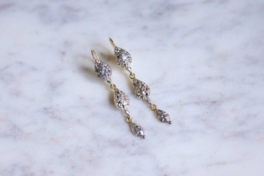 Longues boucles d'oreilles anciennes, or et diamants, XIXe Siècle - Galerie Pénélope