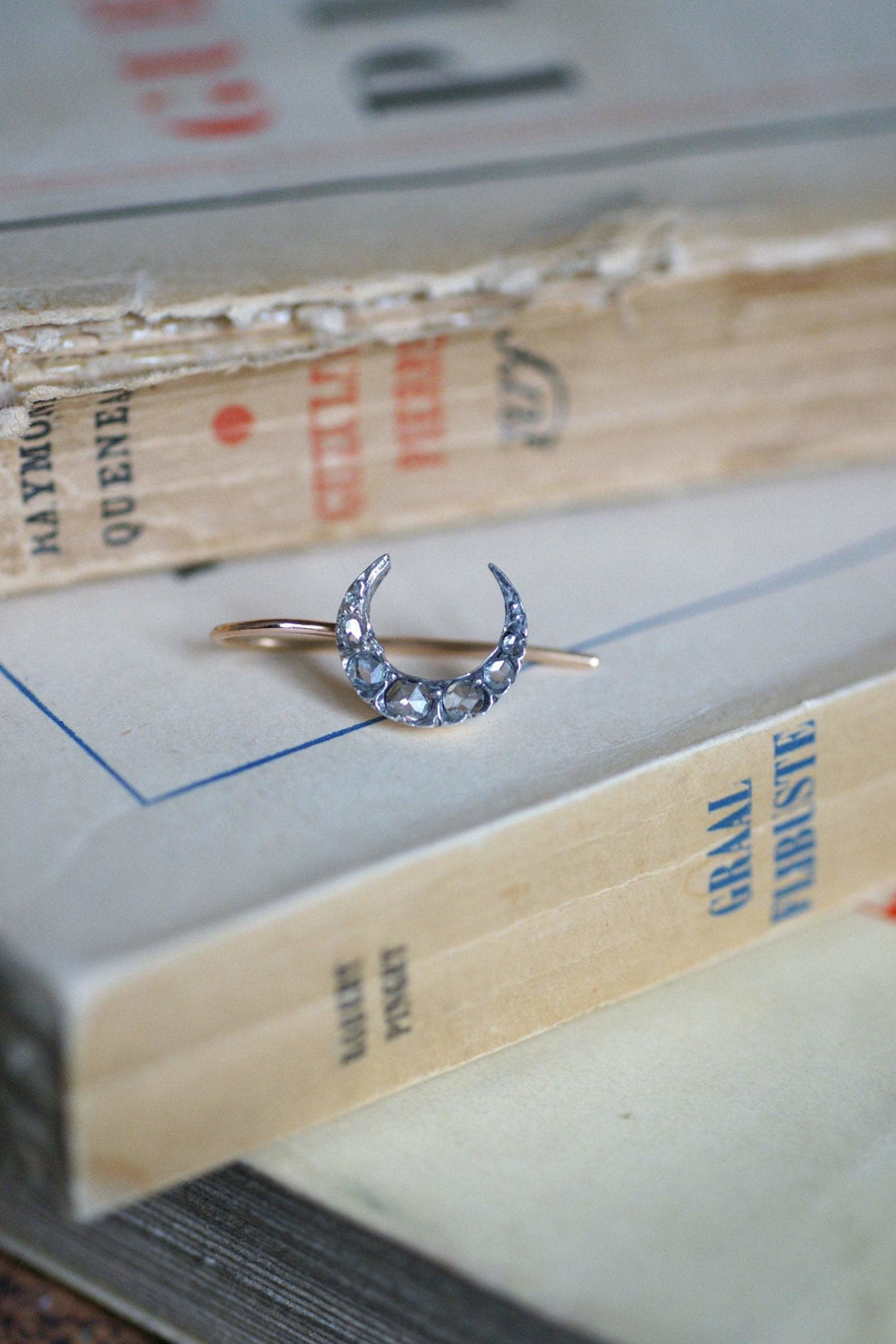 Mono Boucle d'oreille ancienne, croissant de lune, en or et diamants - Galerie Pénélope