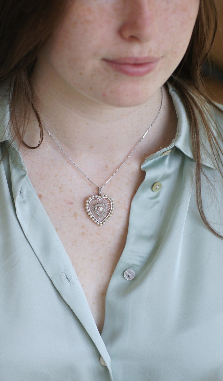 Pendentif cœur diamants et perles en platine - Galerie Pénélope