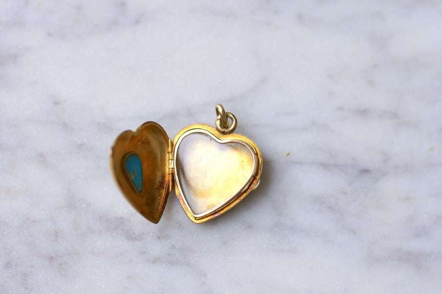 Pendentif médaillon ancien cœur ouvrant en or jaune et turquoise - Galerie Pénélope